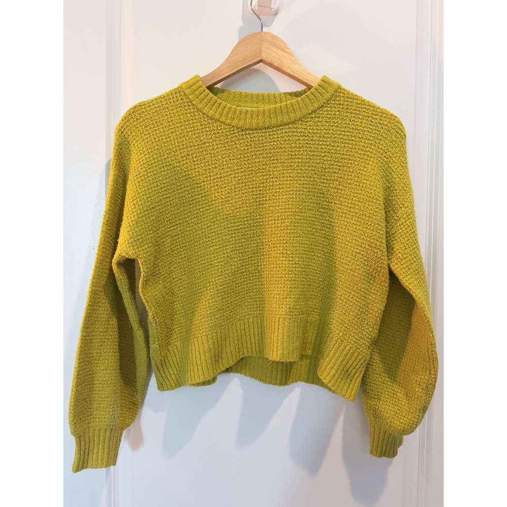 Saturday Sunday Anthropologie Cropped Waffle Knit Sweater Chartreuse Yellow XSP